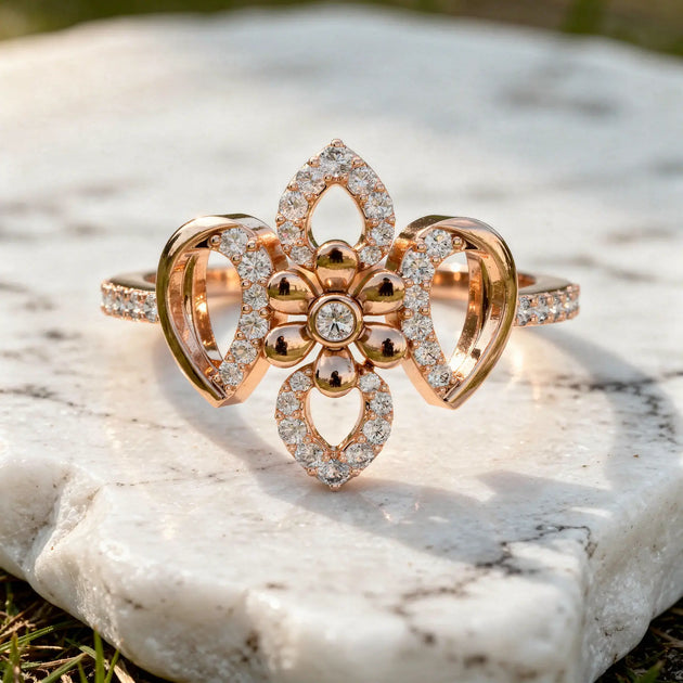 Close-up: Flower Cut Diamond Ring with Floral Setting in 14k Rose Gold - Lab Grown - Driona Jewels