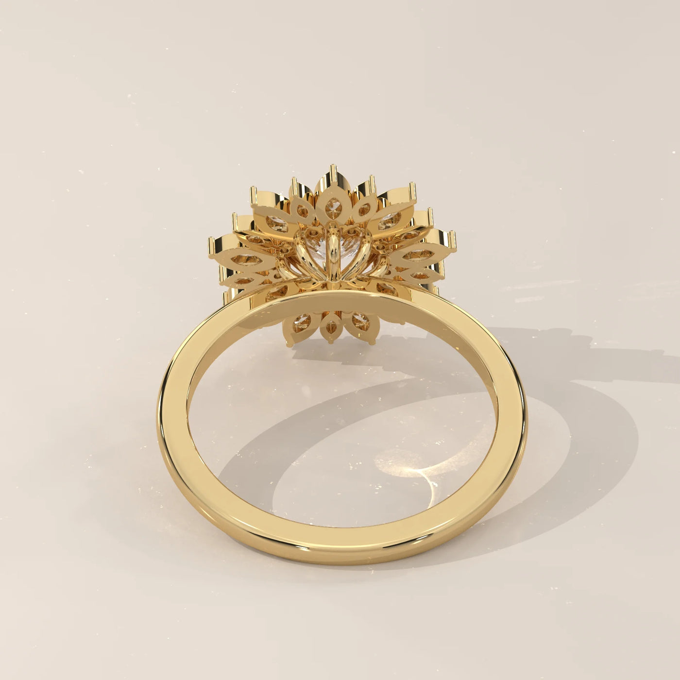 Gold ring with a detailed floral-shaped diamond cluster design