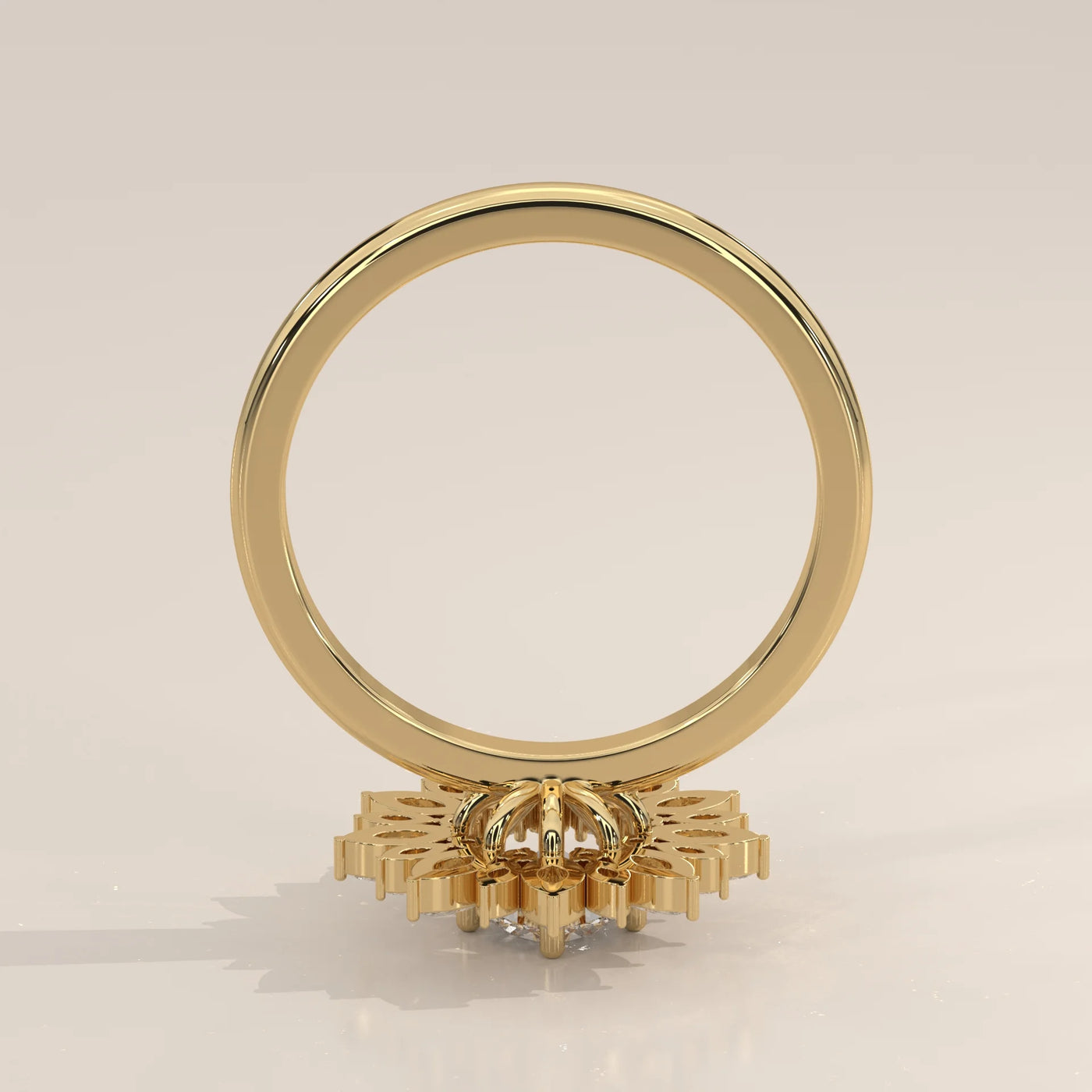 Gold ring with a flower-shaped diamond halo, side view.