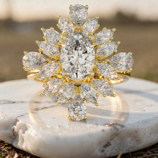 Close-up: Flower Cut Diamond Ring with Halo Setting in 14k Yellow Gold - Lab Grown - Driona Jewels