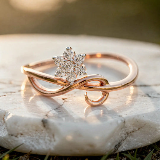 Close-up: Flower Cut Diamond Ring with Twisted Shank Setting in 14k Rose Gold - Lab Grown - Driona Jewels