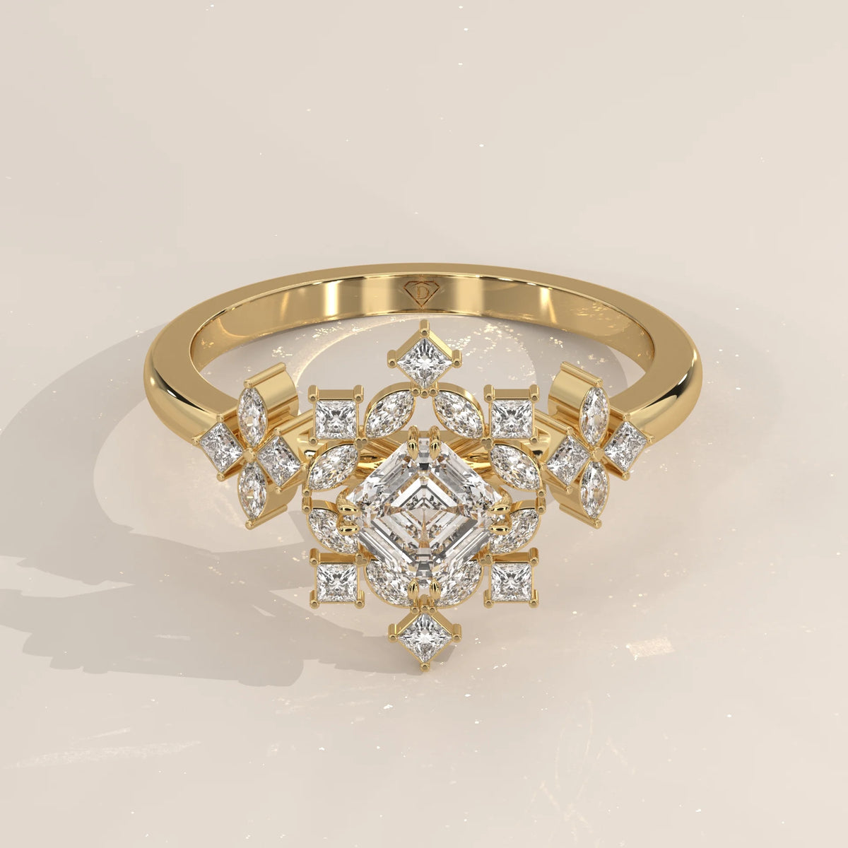 A delicate 14k gold ring featuring a central Asscher-cut diamond and smaller accent diamonds.
