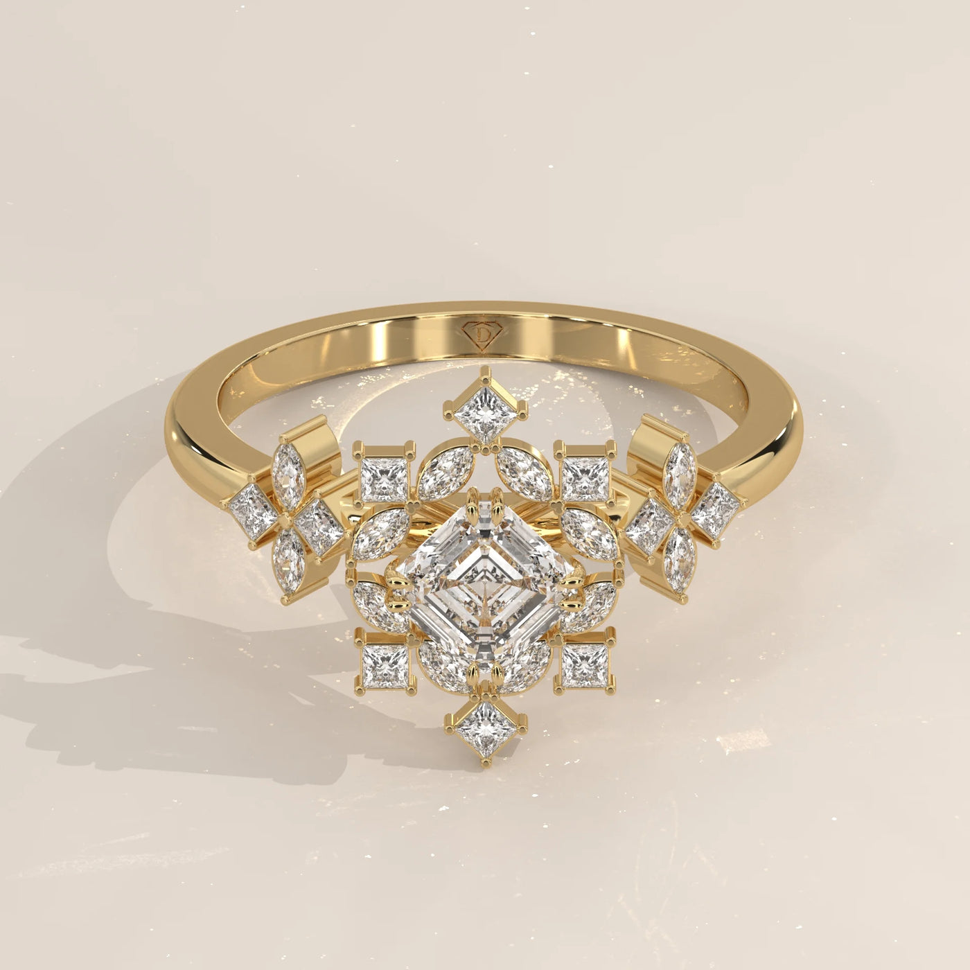 A delicate 14k gold ring featuring a central Asscher-cut diamond and smaller accent diamonds.