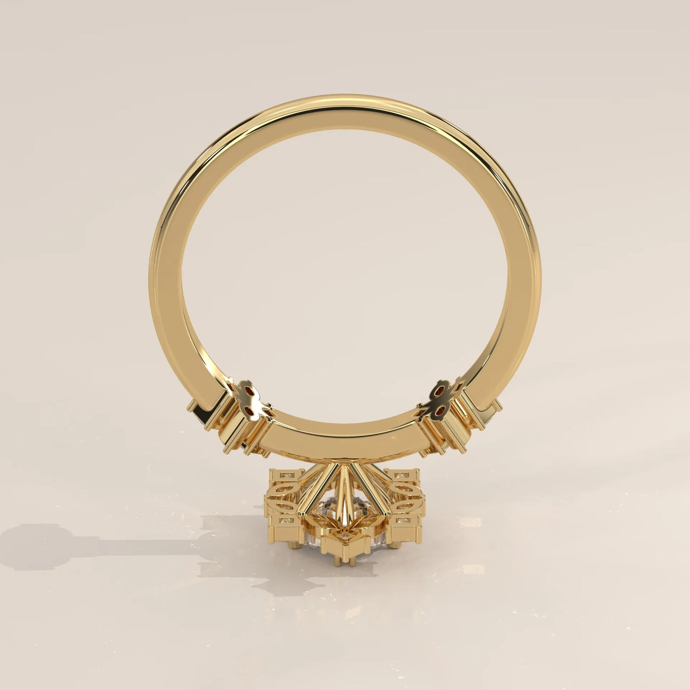 Gold ring with a geometric diamond setting and pavé accents.