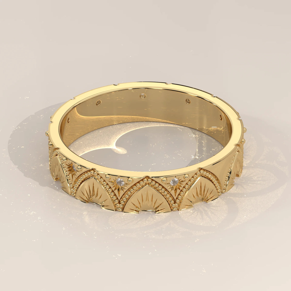 Round Lab Grown Diamond Art Deco Arch Band with Engraved Fan Rays in yellow gold, side profile view.