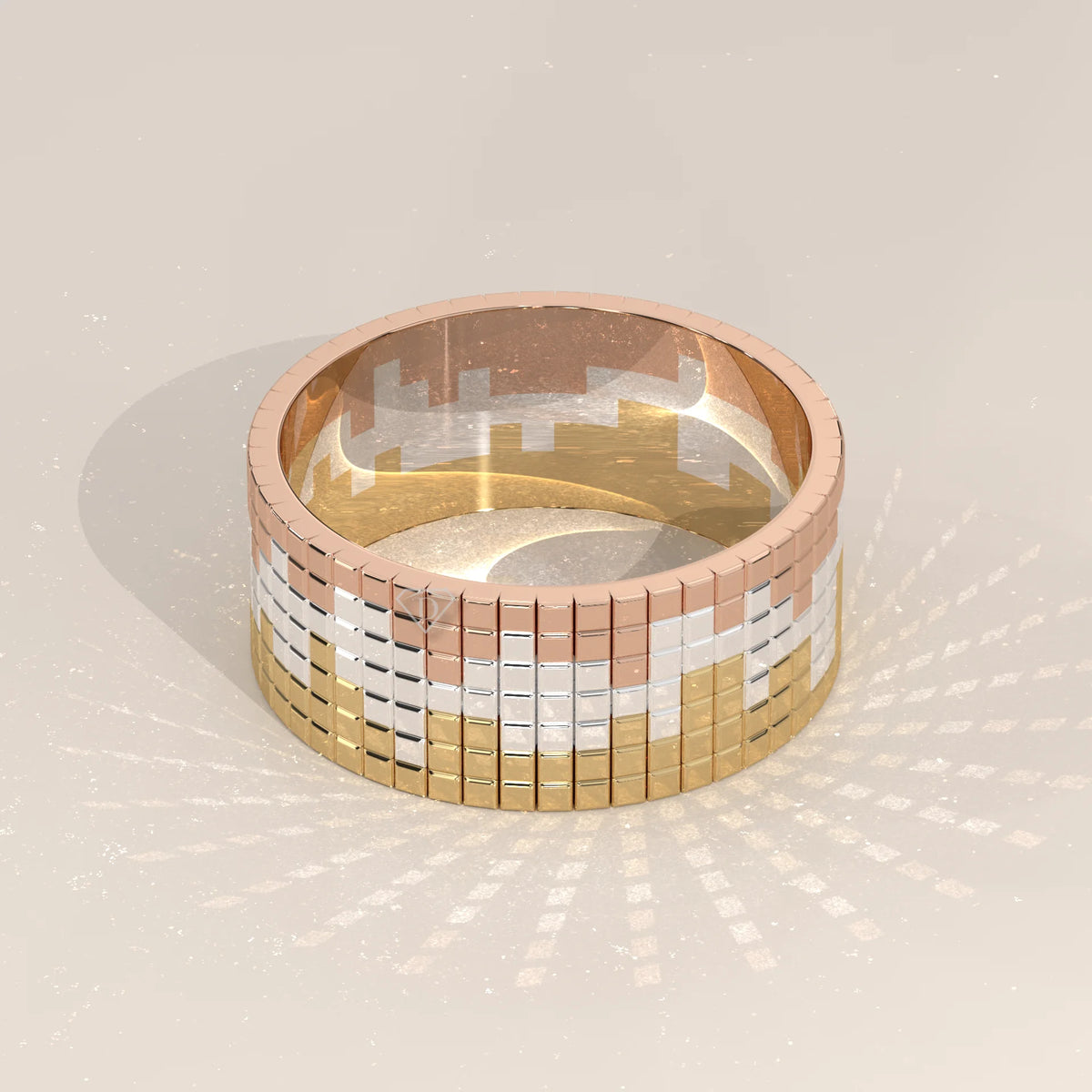Three Tone Wide Band with Stepped Square Grid Pattern, photographed head-on.