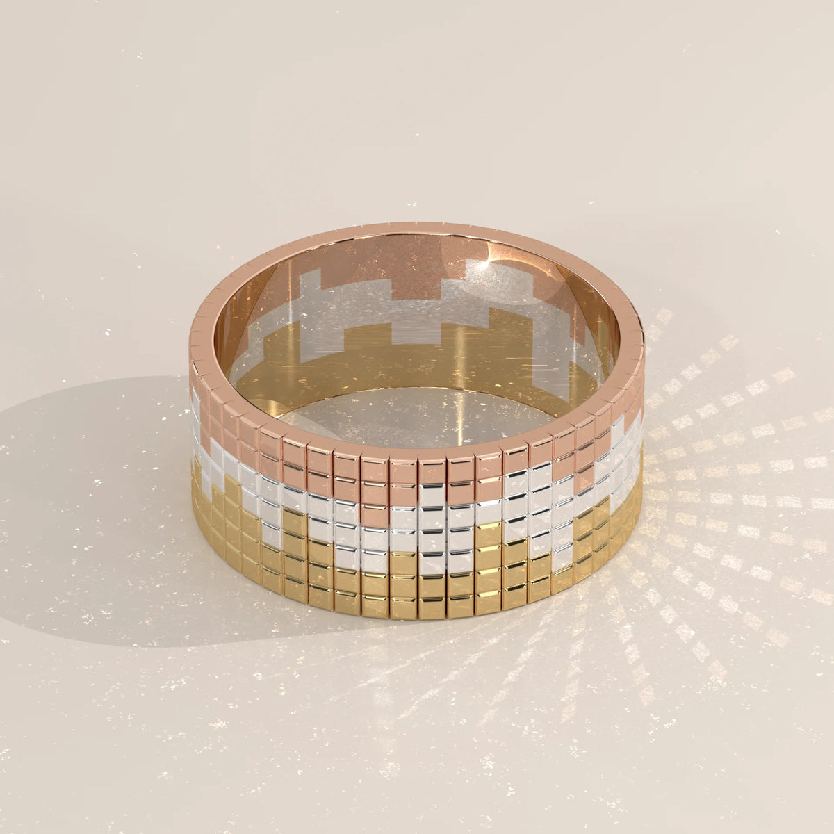 Three Tone Wide Band with Stepped Square Grid Pattern, photographed at a three-quarter angle.