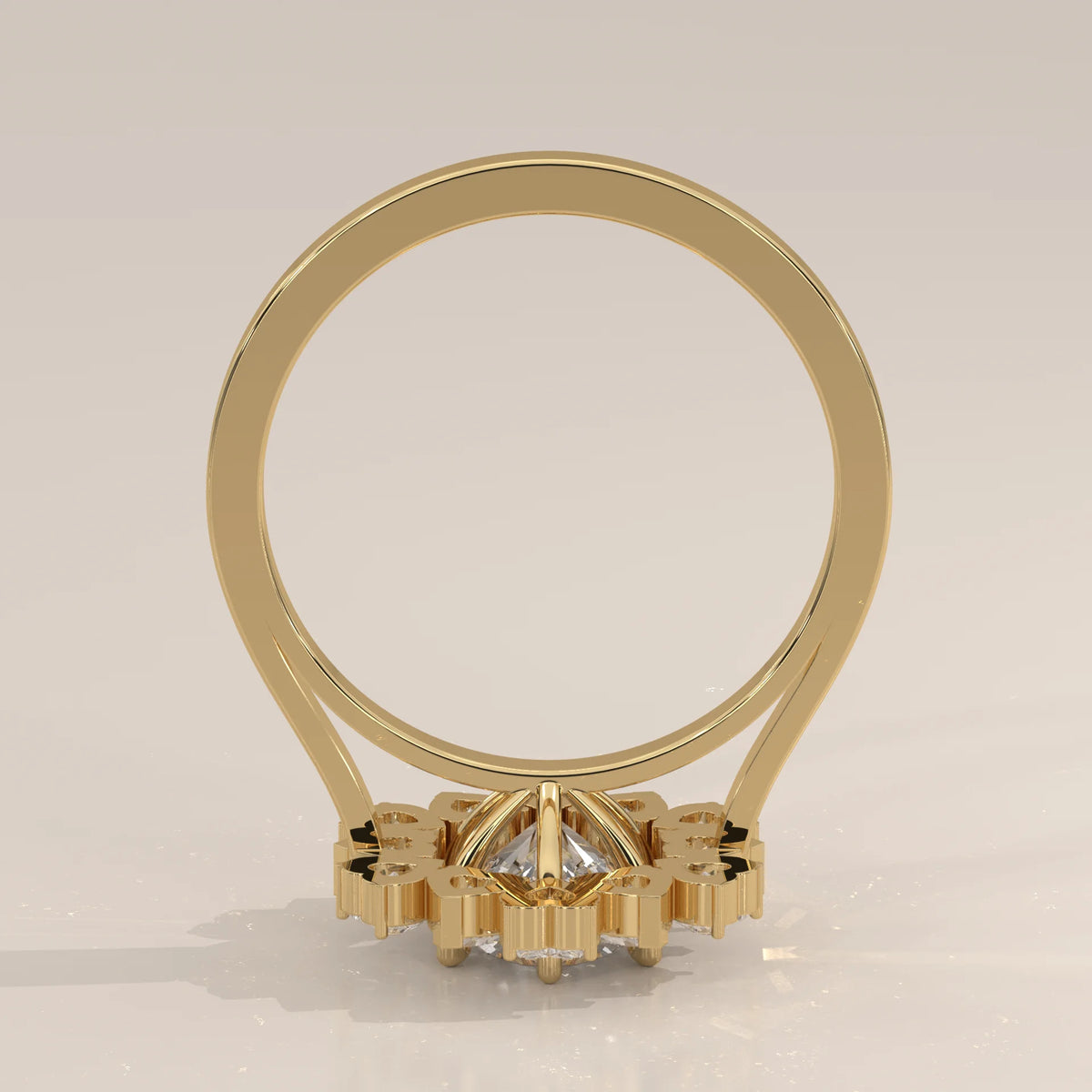 Round Lab Grown Diamond Flower Halo Ring with Heart Petals in yellow gold, shown at an angle.