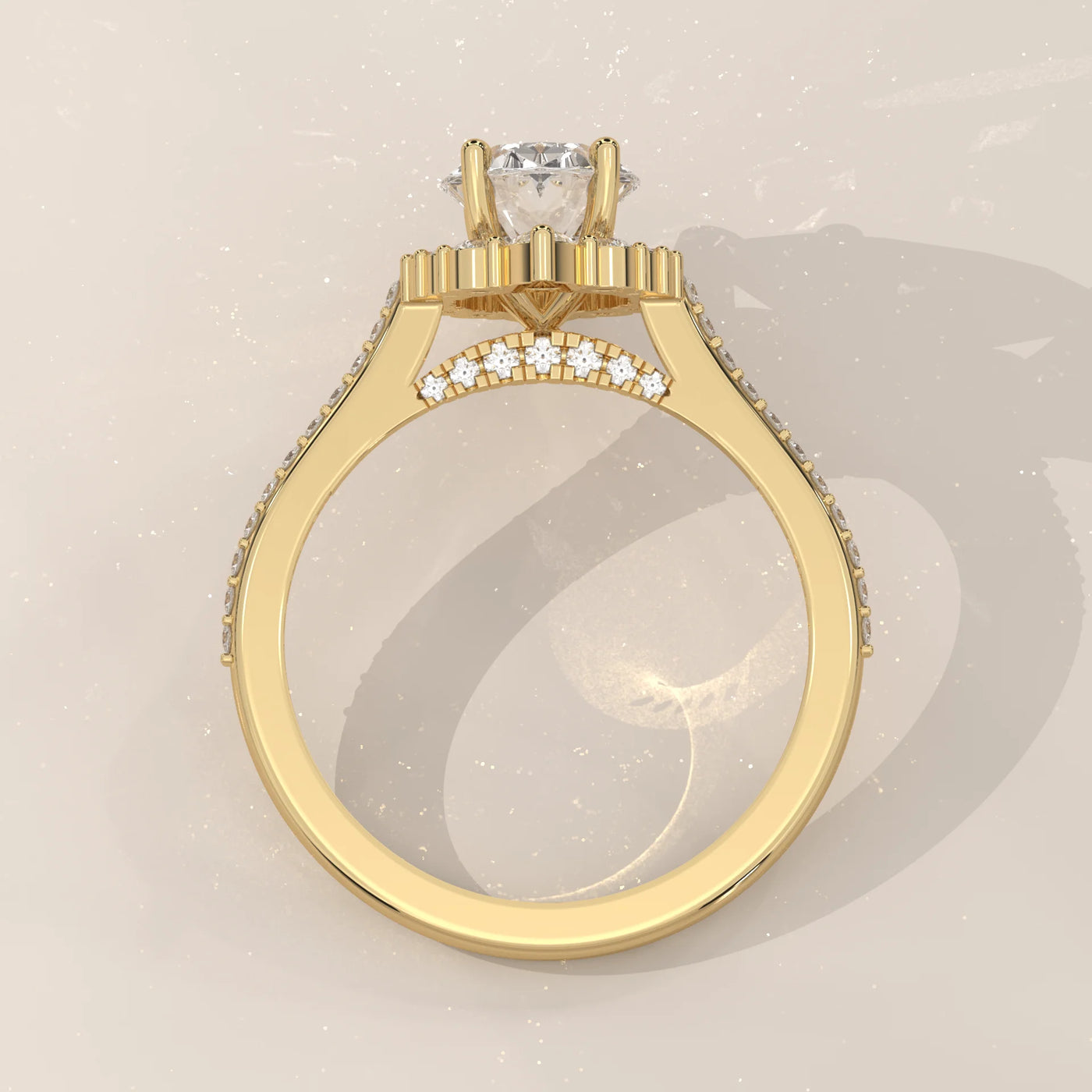 Gold ring with a central diamond and smaller diamonds set around the band.