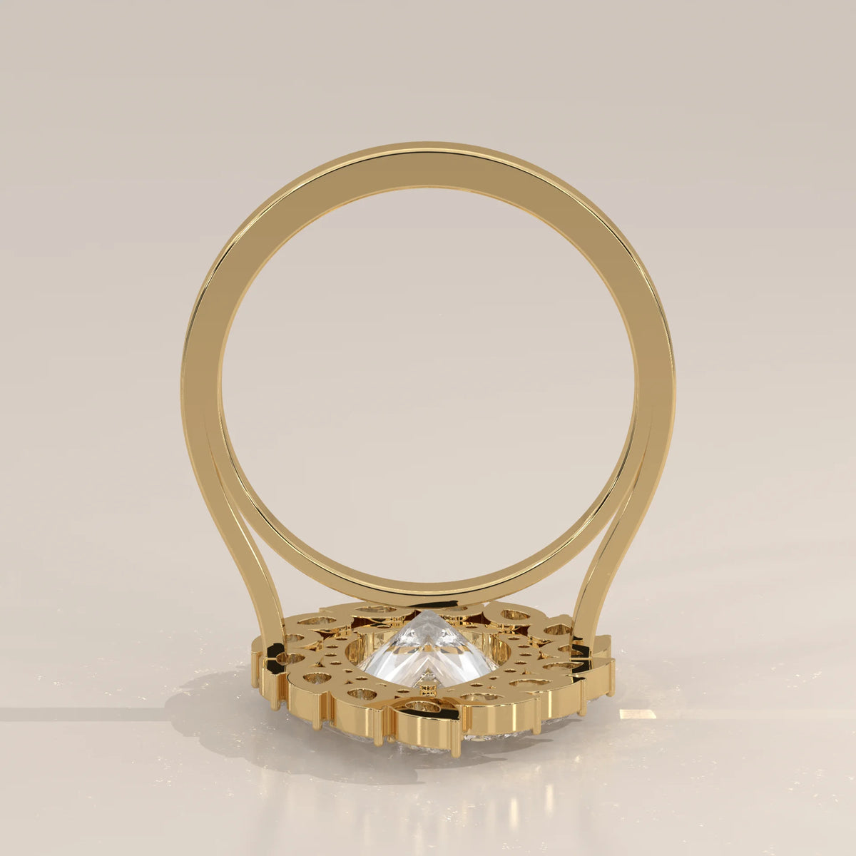 Pear Lab Grown Diamond Double Halo Ring with Pear Petal Outer Frame in yellow gold, shown on a plain background.