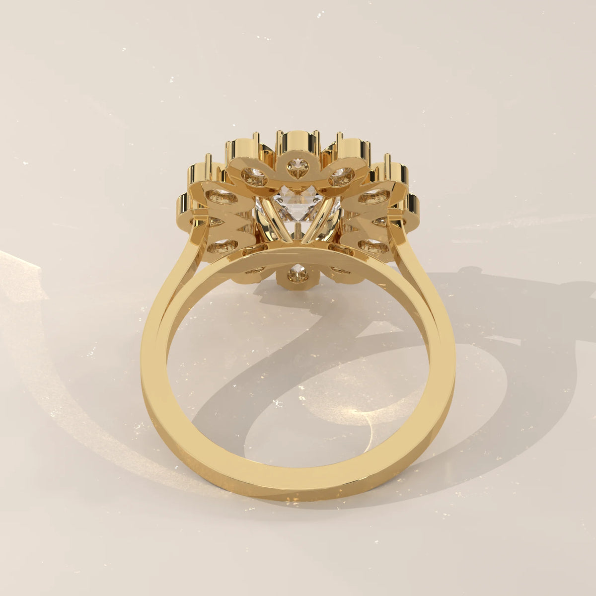 Square Emerald Cut Lab Grown Diamond Flower Cluster Ring in yellow gold, shown on a plain background.