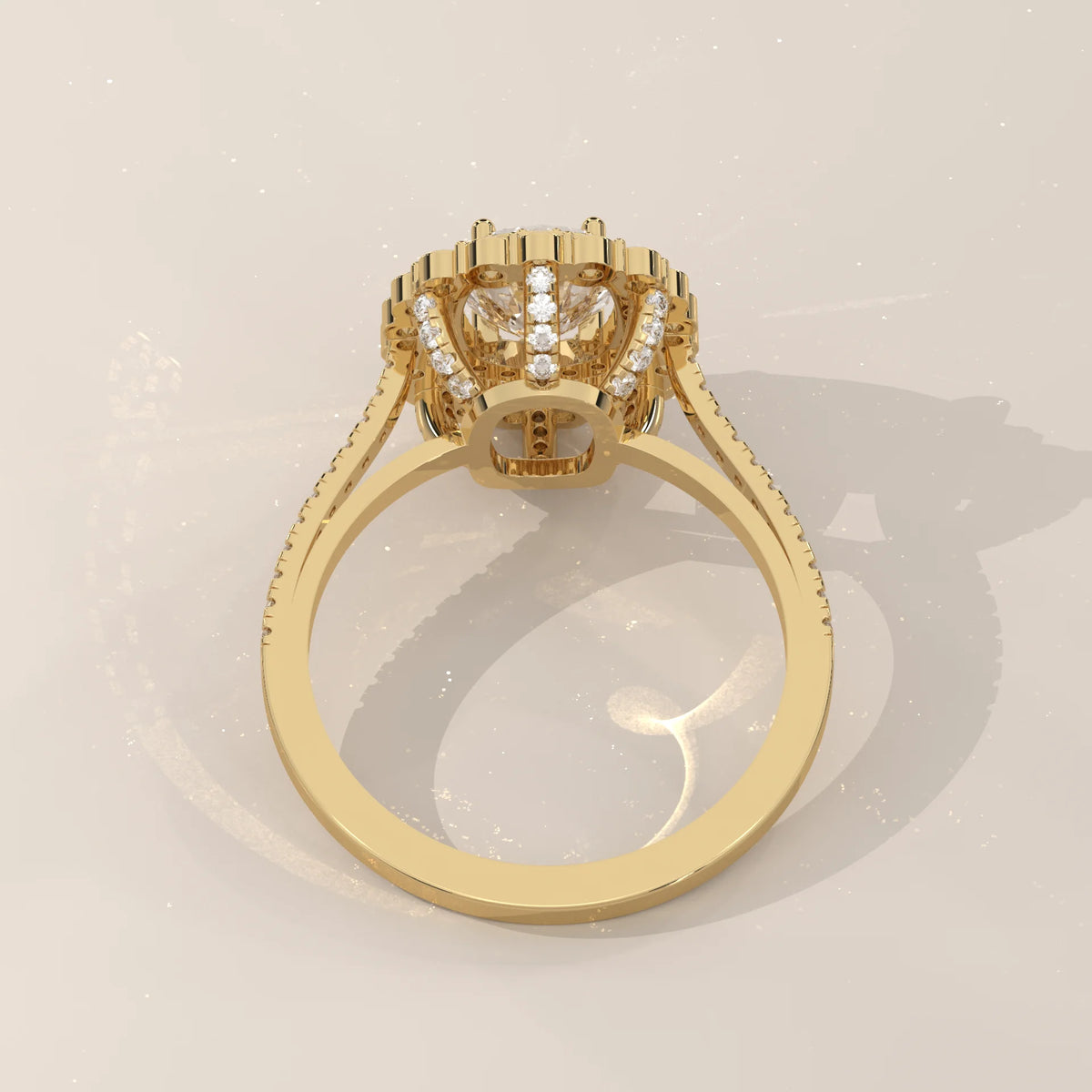 Cushion Lab Grown Diamond Double Halo Ring with Scalloped Outer Row in yellow gold, shown on a plain background.