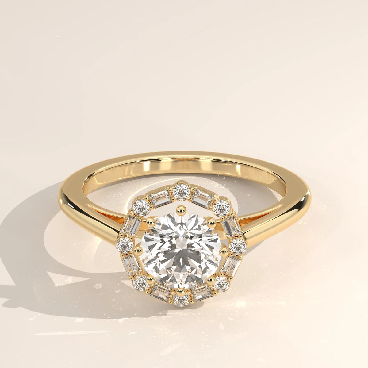 A round brilliant cut diamond engagement ring with a heart-shaped halo, set in 14k gold.