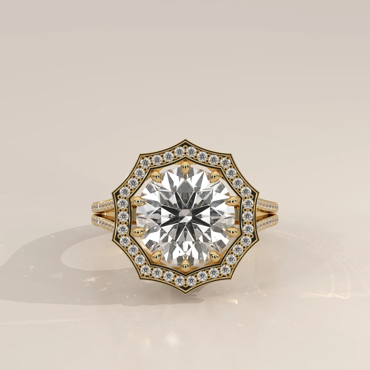 Round Lab Grown Diamond Twelve Point Halo Ring with Split Shank in yellow gold, photographed head-on.