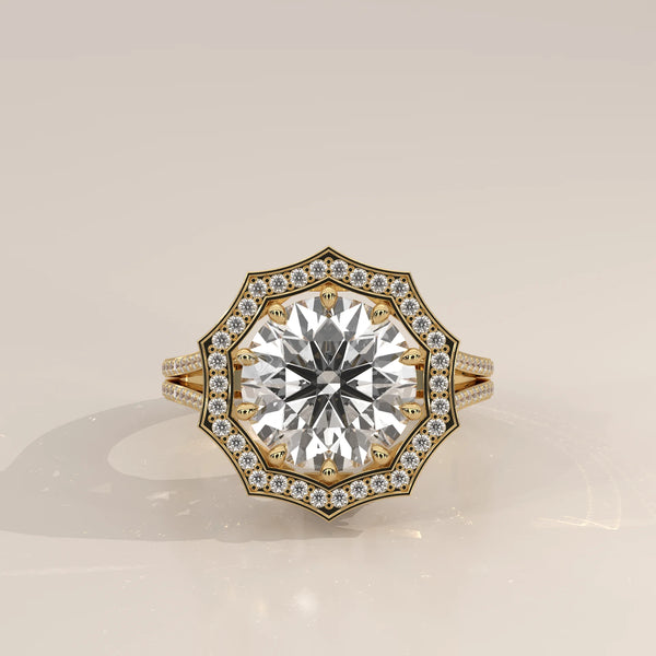 Round Lab Grown Diamond Twelve Point Halo Ring with Split Shank in yellow gold, photographed head-on.