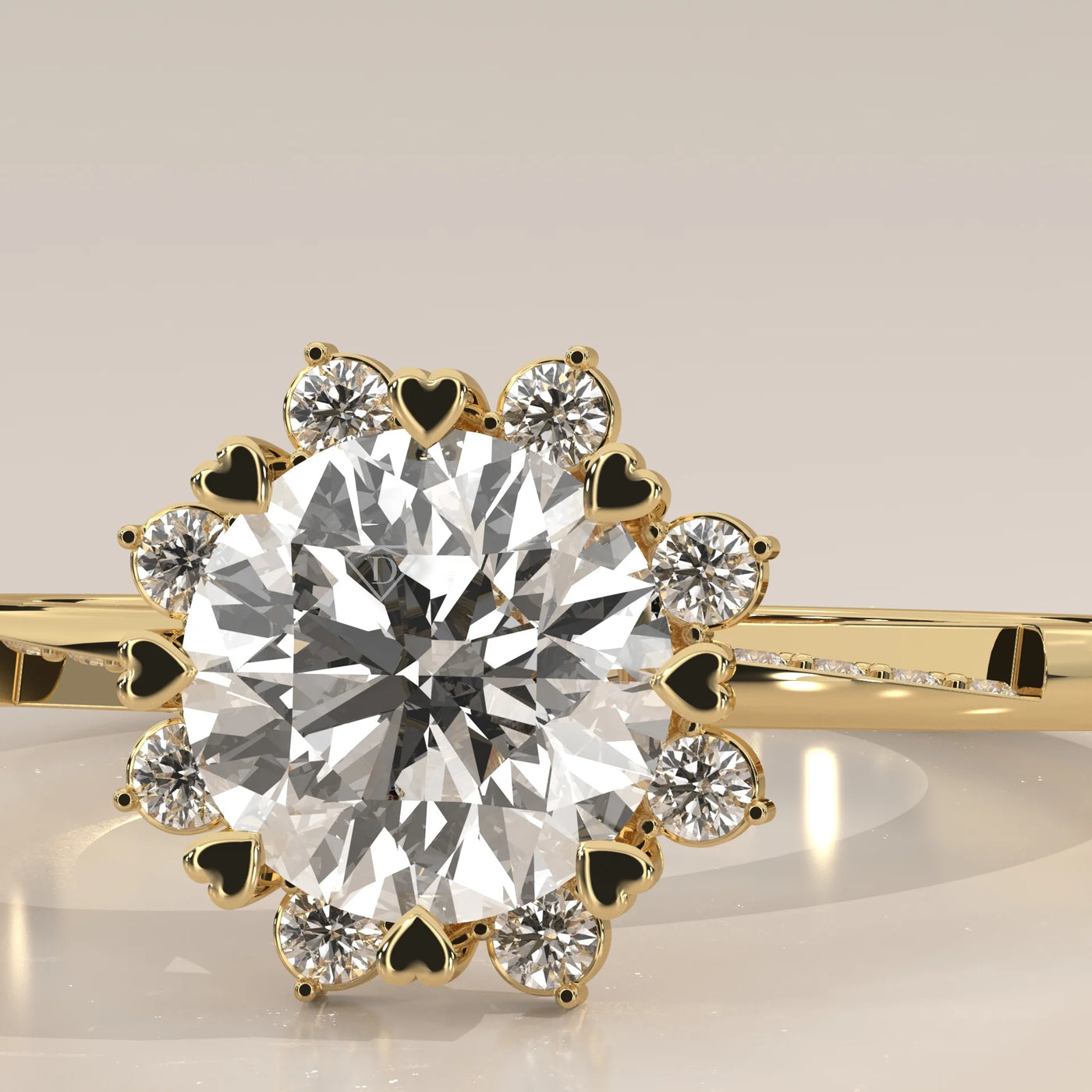 A round brilliant cut diamond engagement ring with a heart-shaped halo, set in 14k gold.