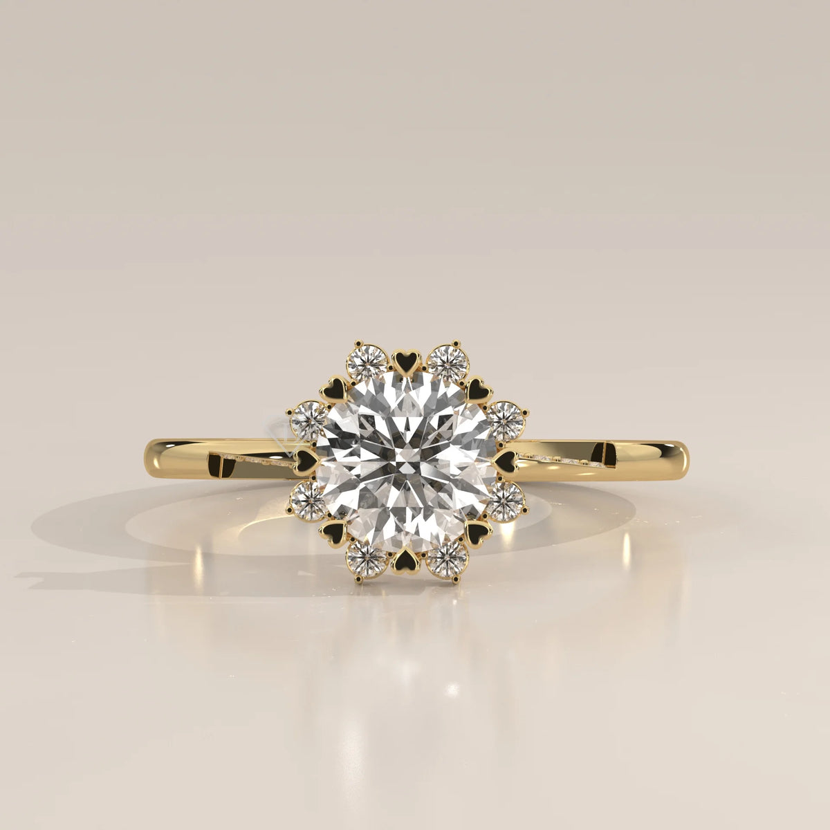 A round brilliant cut diamond engagement ring with a heart-shaped halo, set in 14k gold.