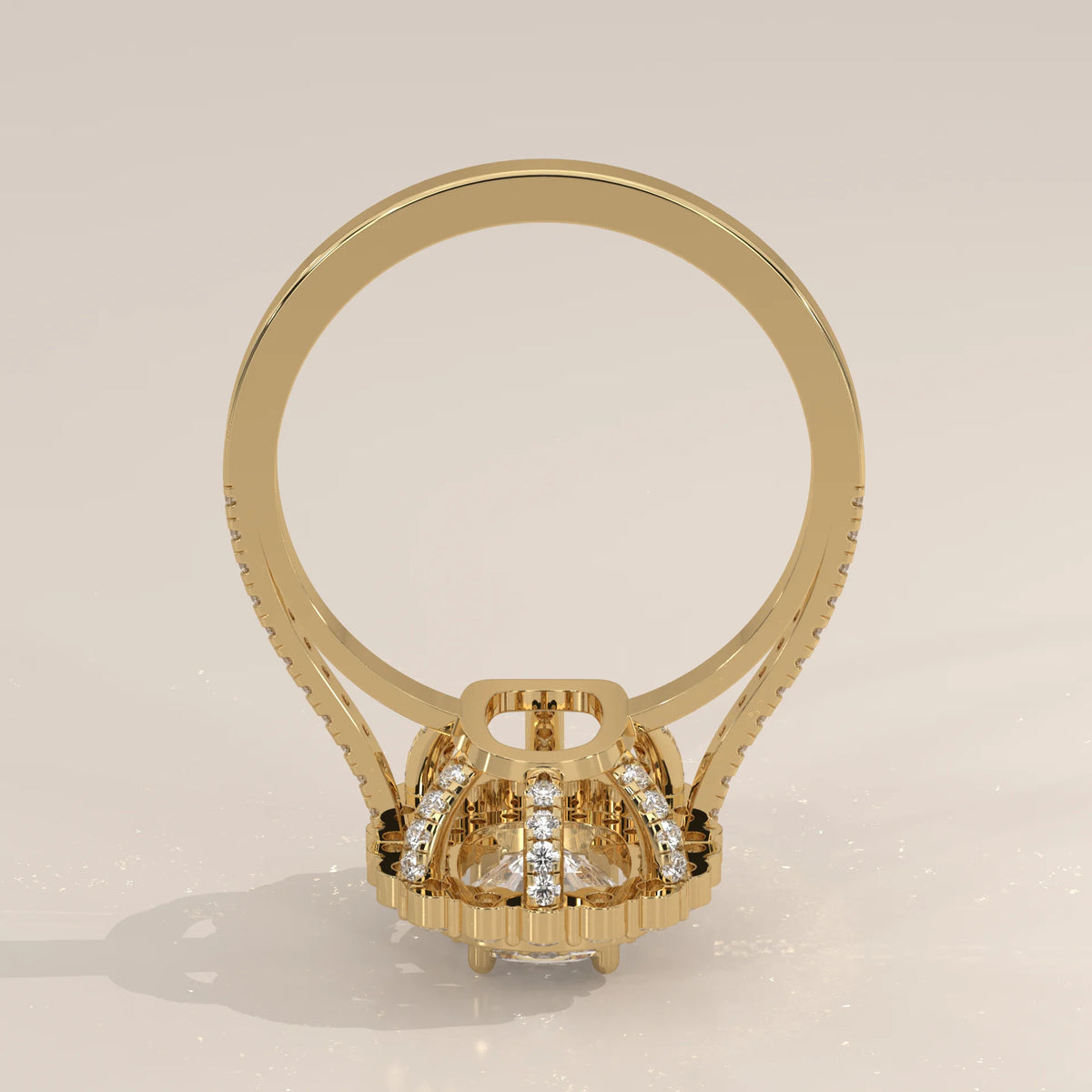 Cushion Lab Grown Diamond Double Halo Ring with Scalloped Outer Row in yellow gold, side profile view.