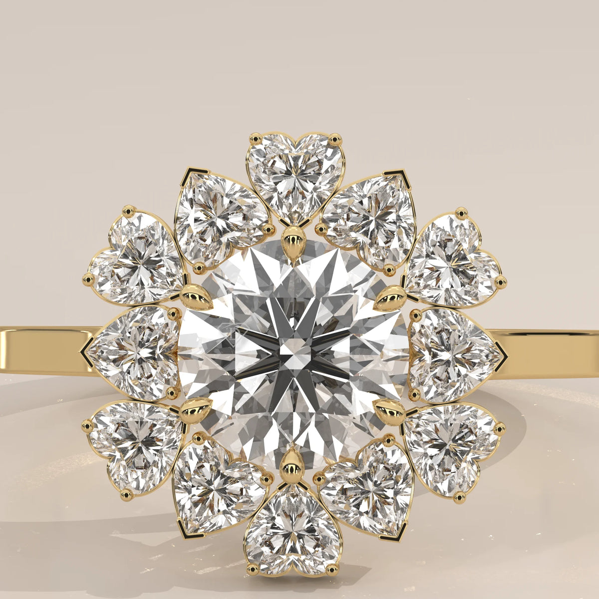 Round Lab Grown Diamond Flower Halo Ring with Heart Petals in yellow gold, product photograph on a plain background.