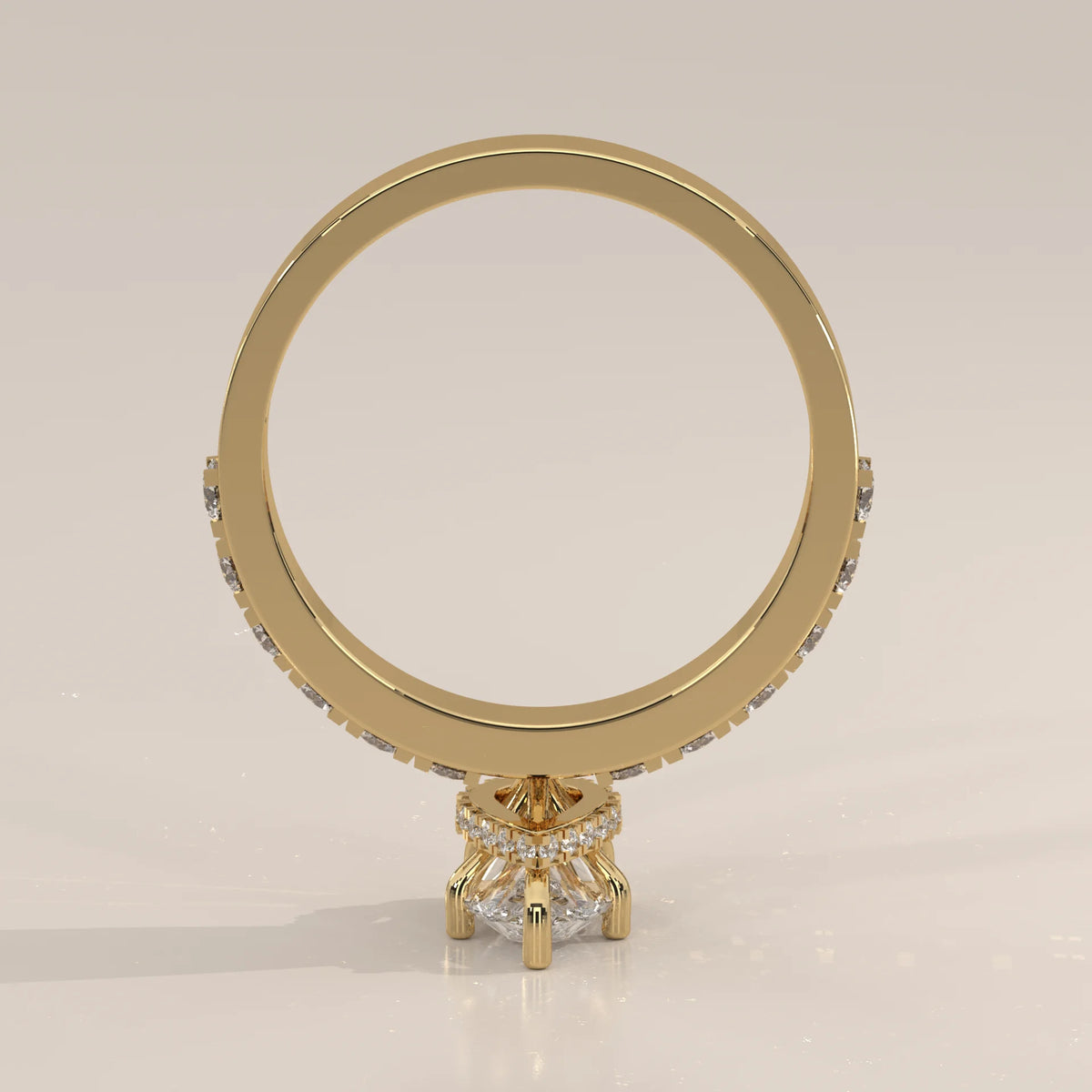 Pear Lab Grown Diamond Solitaire on a Wide Bold Pave Band in yellow gold, photographed from the side.