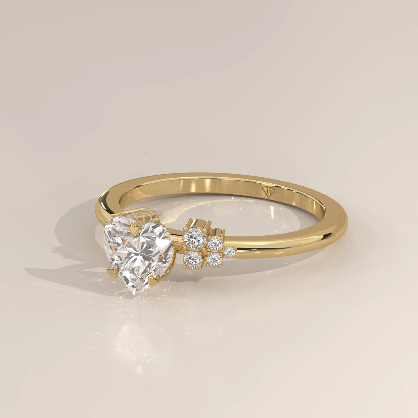 A delicate 14k gold ring featuring a heart-shaped diamond and small accent stones.