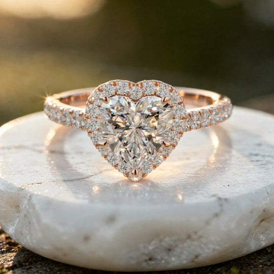 Close-up: Heart Diamond Ring with Halo Setting in 14k Rose Gold - Lab Grown - Driona Jewels