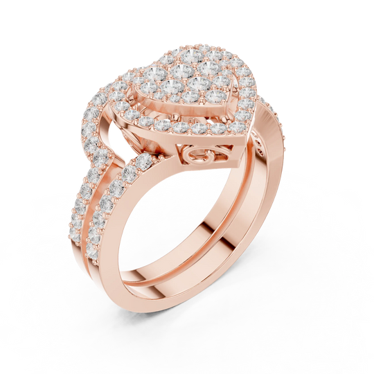 Three-quarter-view: Heart Cut Diamond Ring with Halo Setting in 14k Rose Gold - Lab Grown - Driona Jewels