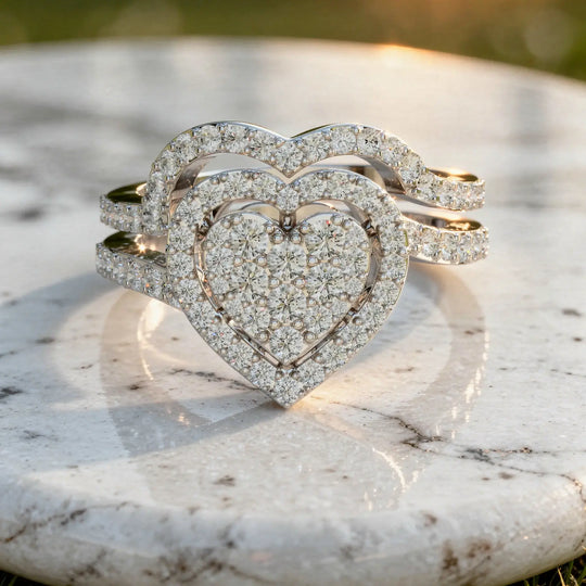 Flat-Lay: Heart Diamond Ring with Halo Setting in 14k White Gold - Lab Grown - Driona Jewels
