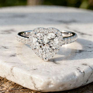 Front-view: Heart Diamond Ring with Halo Setting in 14k White Gold - Lab Grown - Driona Jewels