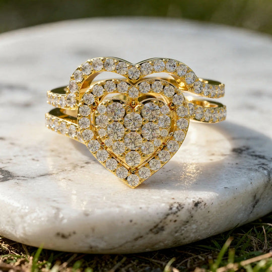 Close-up: Heart Diamond Ring with Halo Setting in 14k Yellow Gold - Lab Grown - Driona Jewels