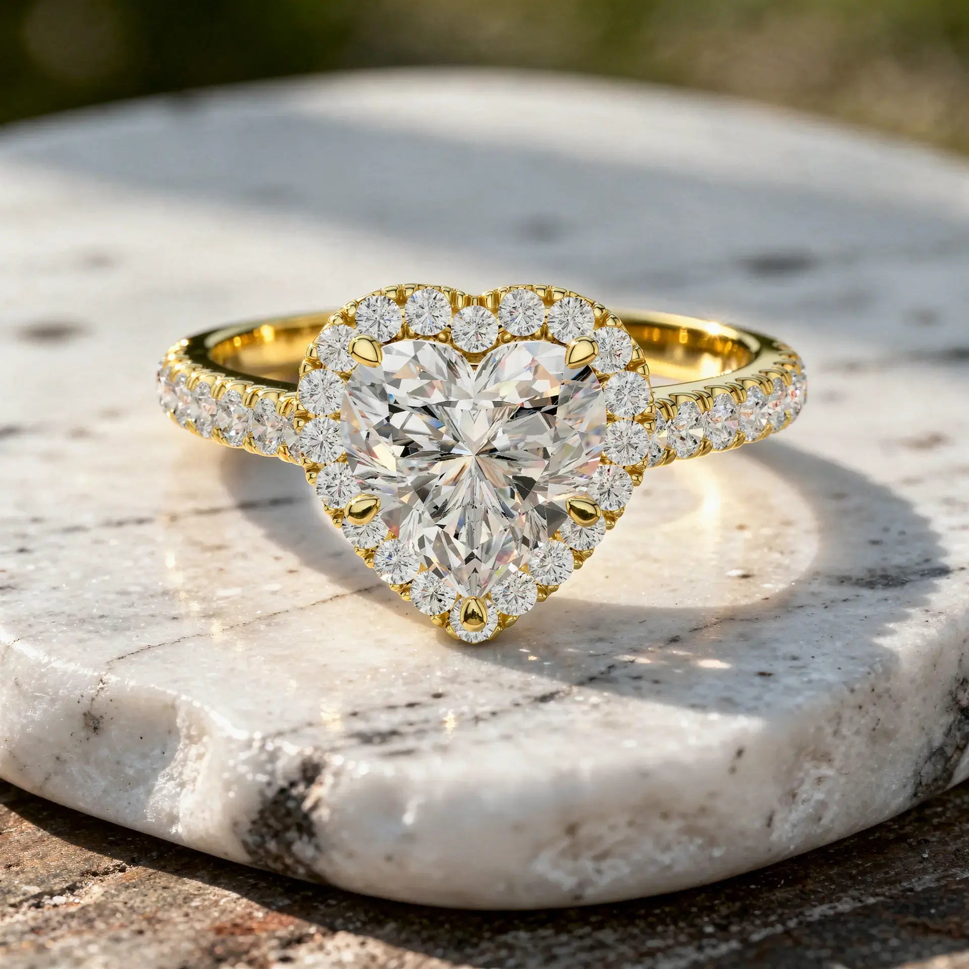 Front-view: Heart Diamond Ring with Halo Setting in 14k Yellow Gold - Lab Grown - Driona Jewels