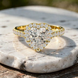 Front-view: Heart Diamond Ring with Halo Setting in 14k Yellow Gold - Lab Grown - Driona Jewels