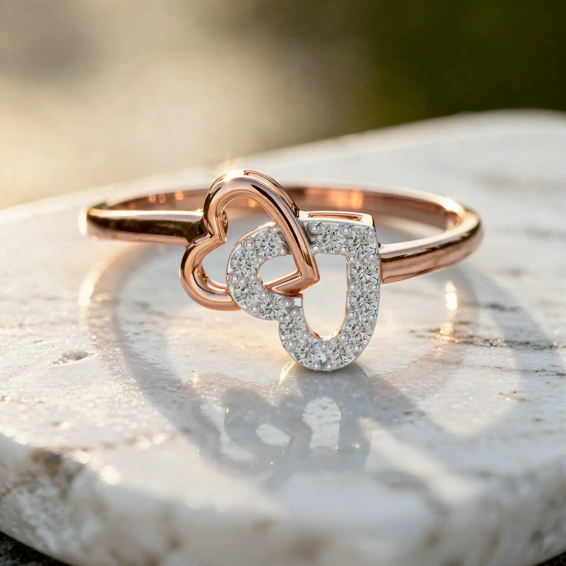 Close-up: Heart Diamond Ring with Pave Setting in 14k Rose Gold - Lab Grown - Driona Jewels