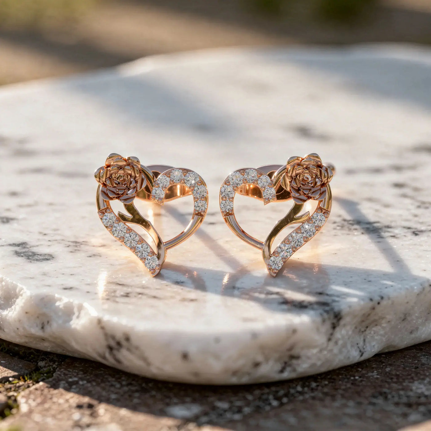 Pair-shot: Heart Cut Diamond Ring with Pave Setting in 14k Rose Gold - Lab Grown - Driona Jewels
