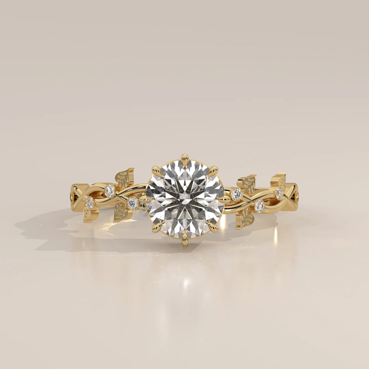 Round Lab Grown Diamond Vine Ring with Leaf Details and Accents in yellow gold, photographed head-on.