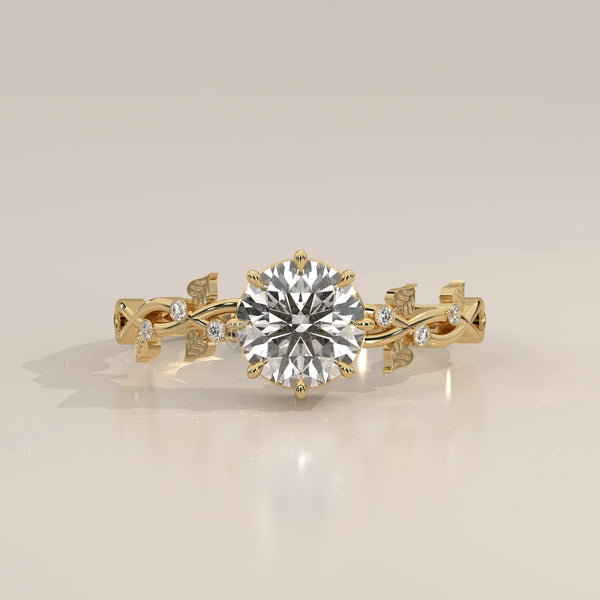 Round Lab Grown Diamond Vine Ring with Leaf Details and Accents in yellow gold, photographed head-on.