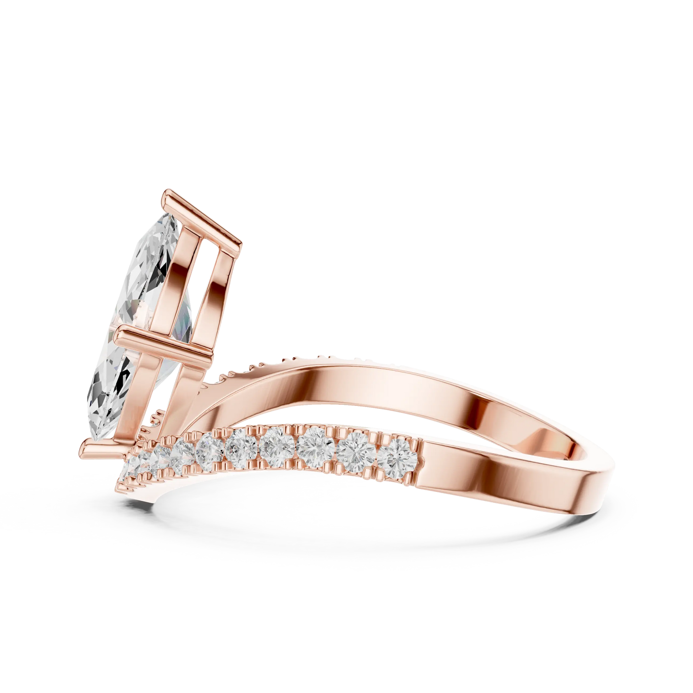 Angle View: Marquise Diamond Ring with Bypass Setting in 14K Rose Gold – Lab Grown – Driona Jewels

