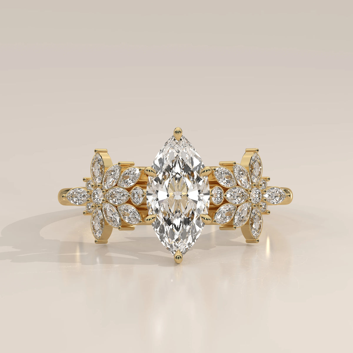 Marquise Lab Grown Diamond Ring with Marquise Flower Clusters in yellow gold, photographed head-on.