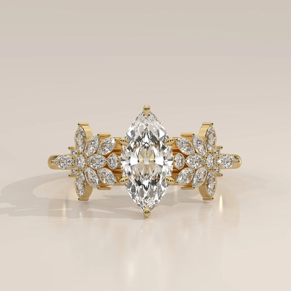 Marquise Lab Grown Diamond Ring with Marquise Flower Clusters in yellow gold, photographed head-on.