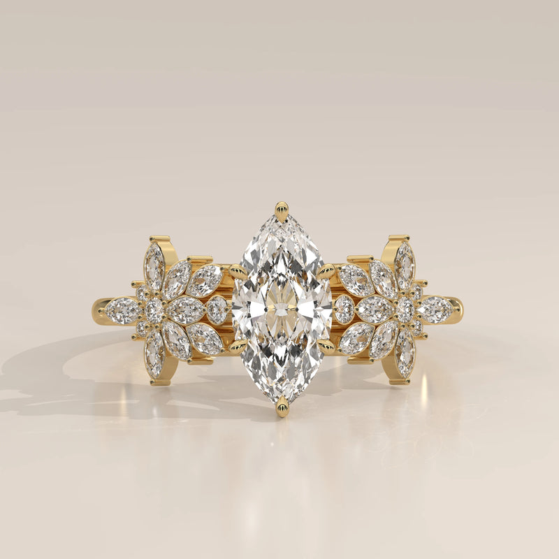 Marquise Lab Grown Diamond Ring with Marquise Flower Clusters in yellow gold, photographed head-on.