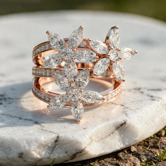 Close-up: Marquise Diamond Ring with Floral Setting in 14k Rose Gold - Lab Grown - Driona Jewels