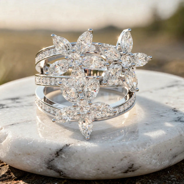 Close-up: Marquise Diamond Ring with Floral Setting in 14k White Gold - Lab Grown - Driona Jewels
