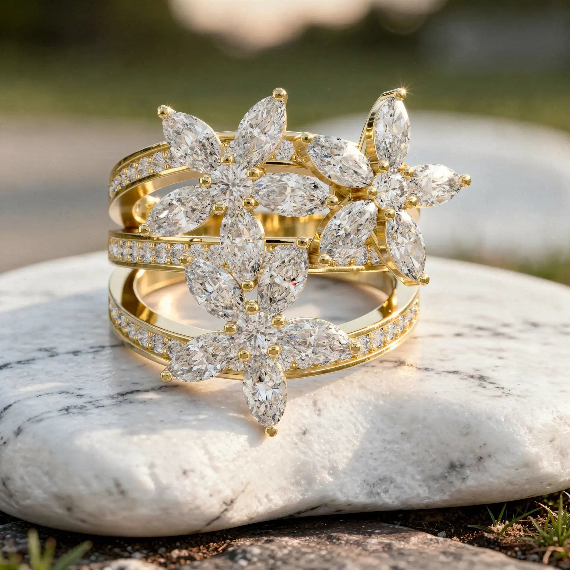 Close-up: Marquise Diamond Ring with Floral Setting in 14k Yellow Gold - Lab Grown - Driona Jewels