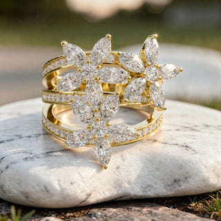 Close-up: Marquise Diamond Ring with Floral Setting in 14k Yellow Gold - Lab Grown - Driona Jewels