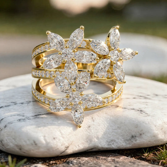 Close-up: Marquise Diamond Ring with Floral Setting in 14k Yellow Gold - Lab Grown - Driona Jewels