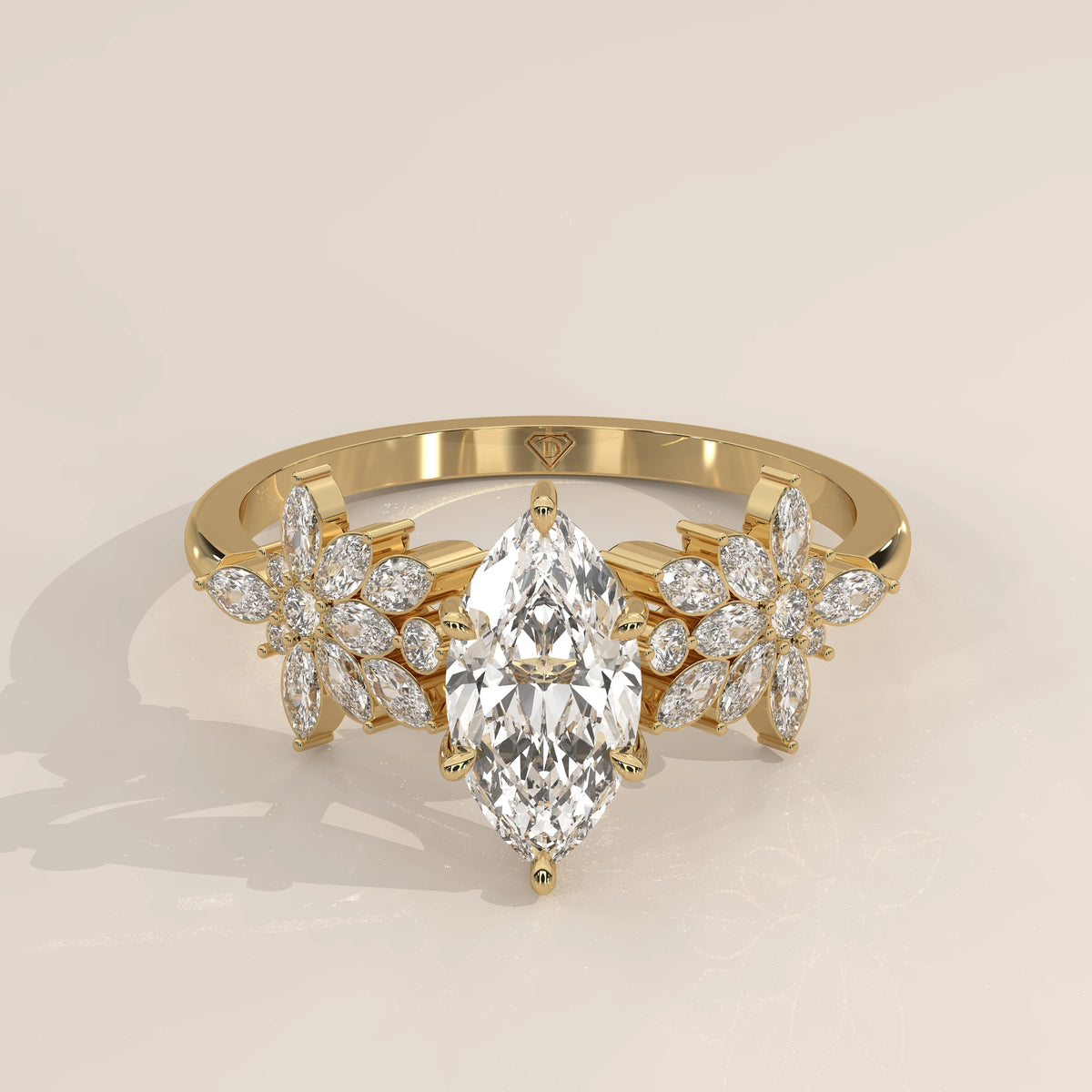 Marquise Lab Grown Diamond Ring with Marquise Flower Clusters in yellow gold, shown from the front.