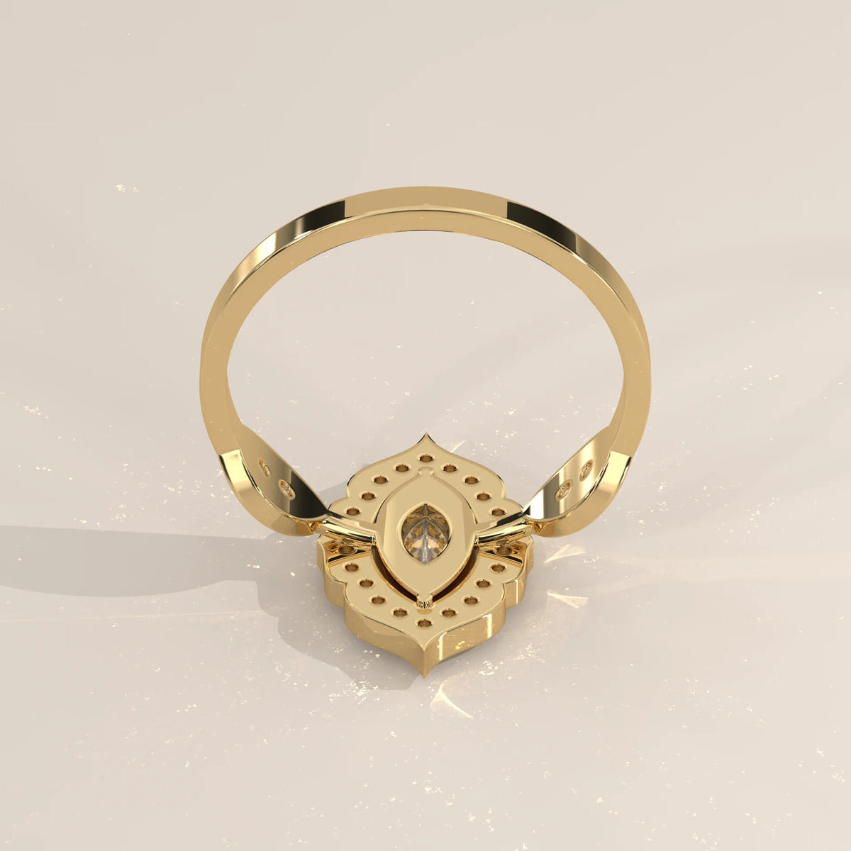 Marquise Lab Grown Diamond Vintage Halo Ring with Almond Shoulders in yellow gold, product photograph on a plain background.
