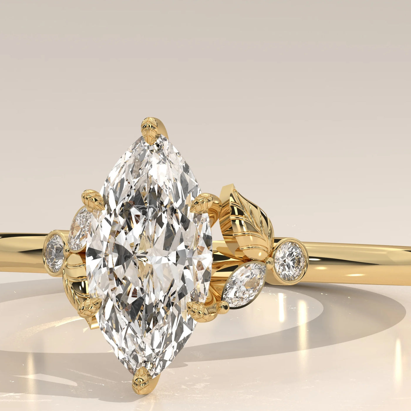 A close-up, eye-level view of a 14k gold ring with a marquise-cut diamond.