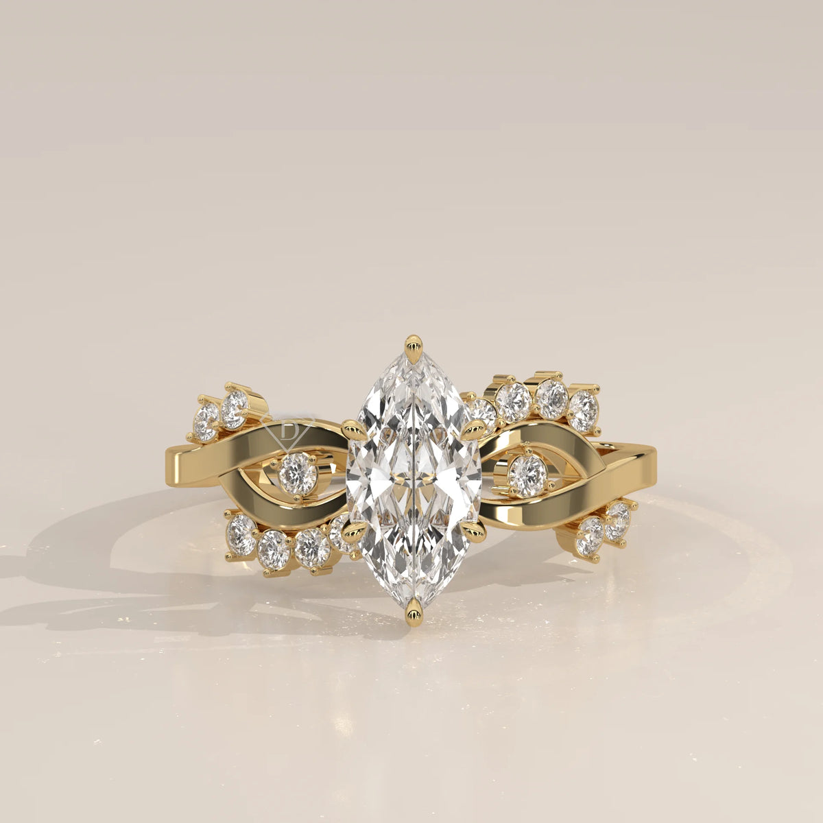 Elegant gold ring with a marquise-cut diamond and accent stones.