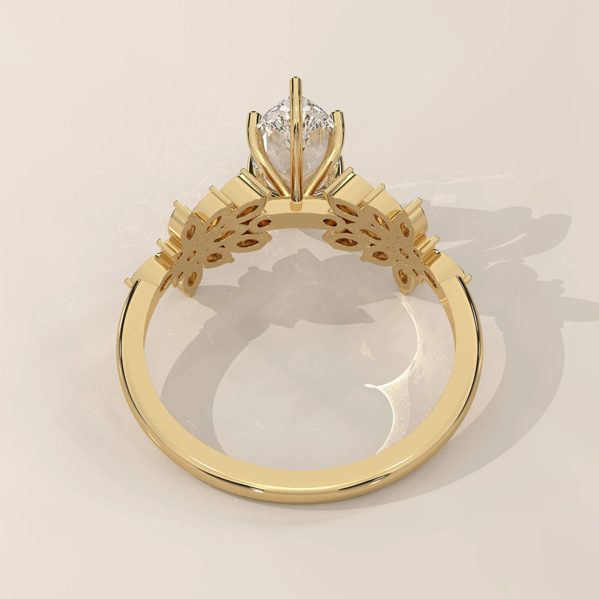 Marquise Lab Grown Diamond Ring with Marquise Flower Clusters in yellow gold, shown from the side.